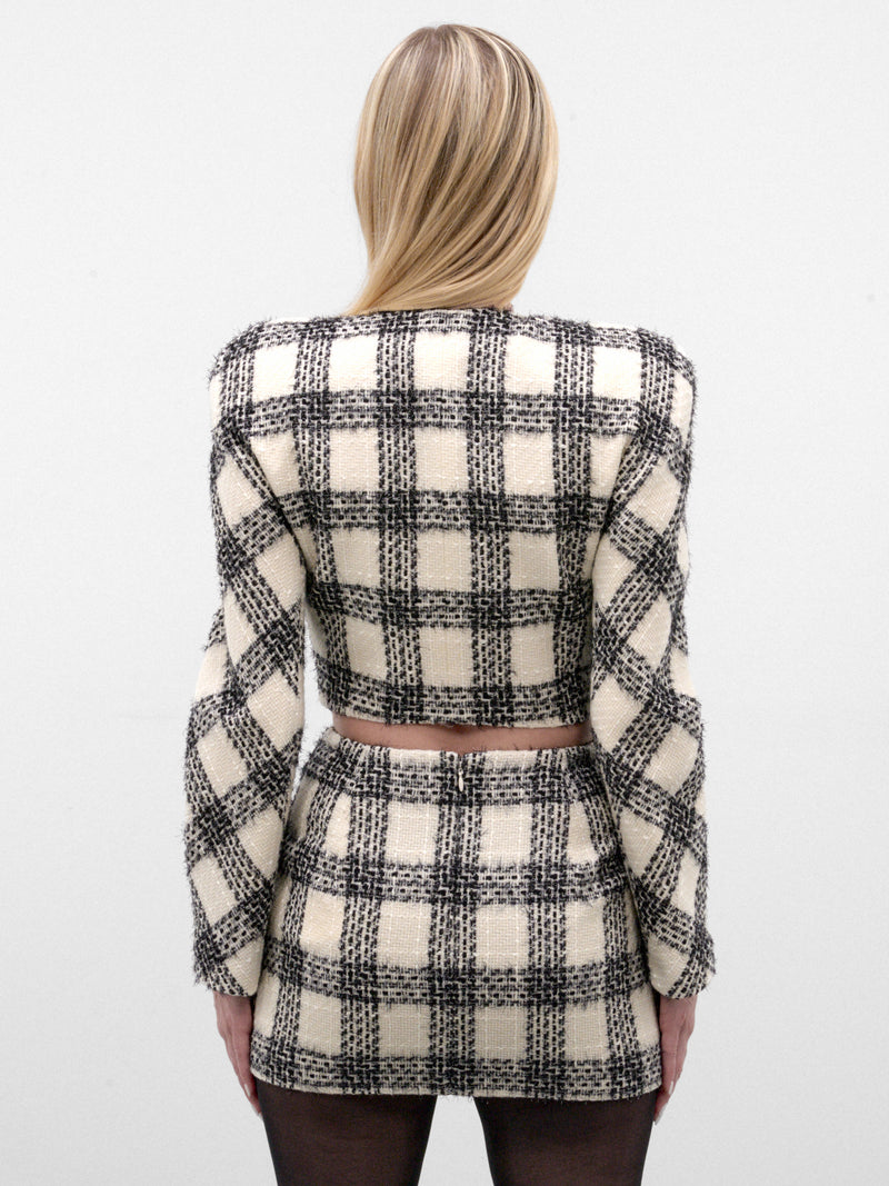 Checkered Tweed Round Shoulder Jacket (WH27JA025WC-WHITE-CHECKERED)