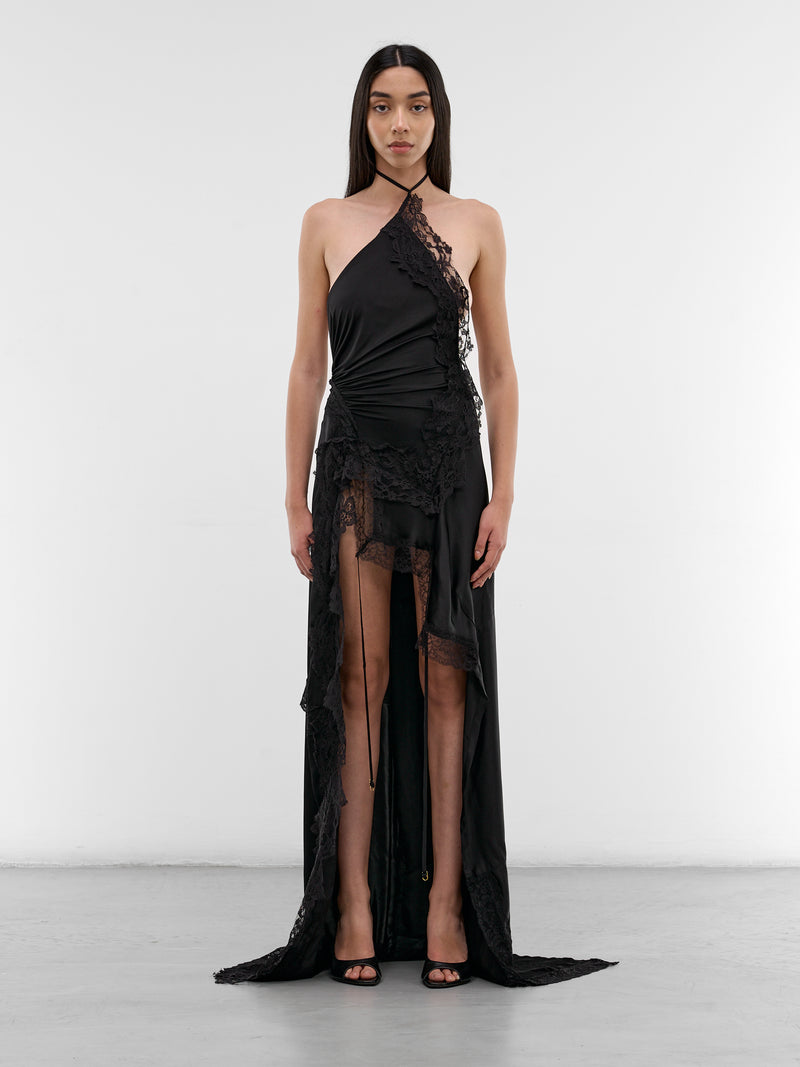 Black Reworked Lingerie Asymmetric Gown (WH76DR890B-BLACK)