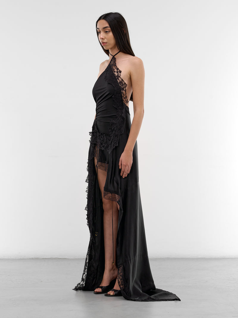 Black Reworked Lingerie Asymmetric Gown (WH76DR890B-BLACK)
