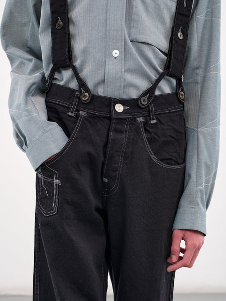 【BAON】Uchiko denim suspender pants Men's Casual Loose Workwear Denim Suspender Overalls Pants