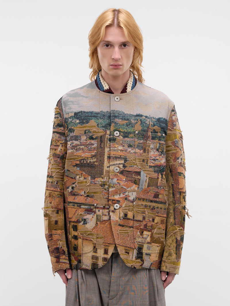 Beige Distressed Cityscape Knit Jacket (WQ-J028-S26-BEIGE-GREEN-BLUE-B)