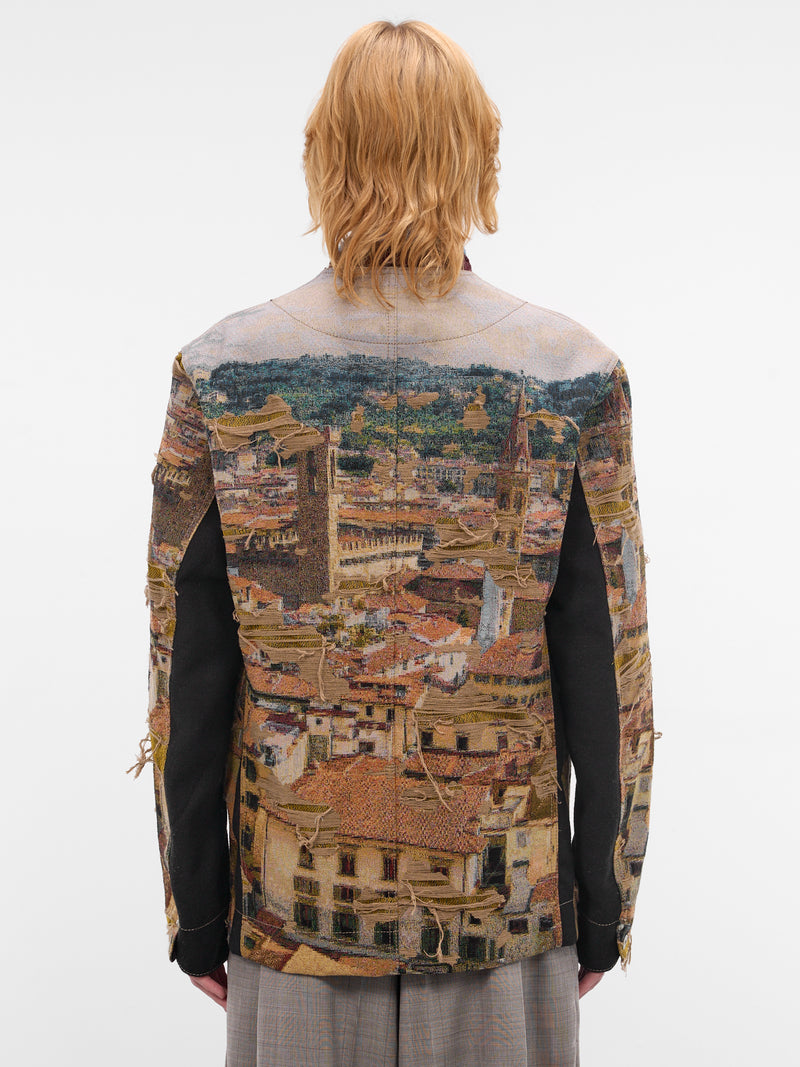 Beige Distressed Cityscape Knit Jacket (WQ-J028-S26-BEIGE-GREEN-BLUE-B)