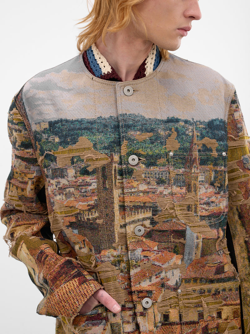 Beige Distressed Cityscape Knit Jacket (WQ-J028-S26-BEIGE-GREEN-BLUE-B)