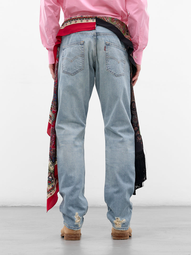 Scarf Draped Blue Denim Jeans (WQ-P208-S26-INDIGO-BLACK-RED)