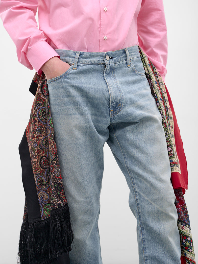 Scarf Draped Blue Denim Jeans (WQ-P208-S26-INDIGO-BLACK-RED)