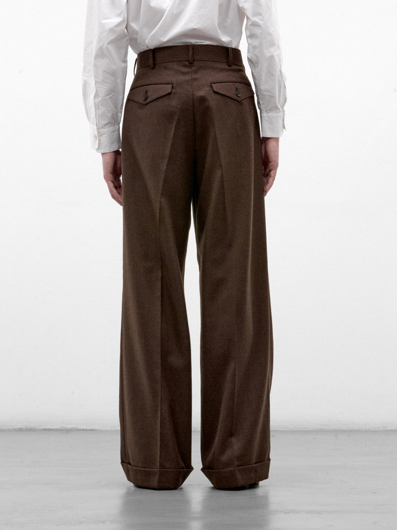 Brown Wool Pleated Wide Trousers (WR-P031-W26-BROWN)