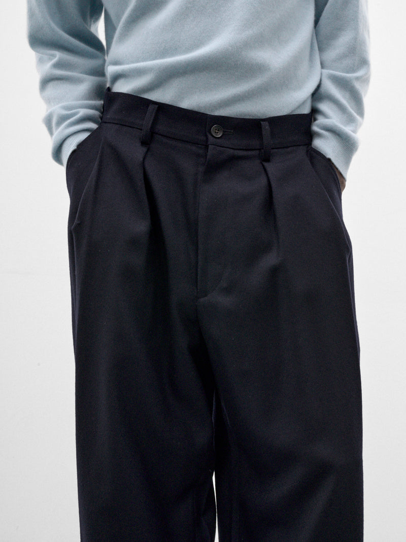Navy Wool Pleated Wide Trousers (WR-P039-W26-NAVY-NAVY)