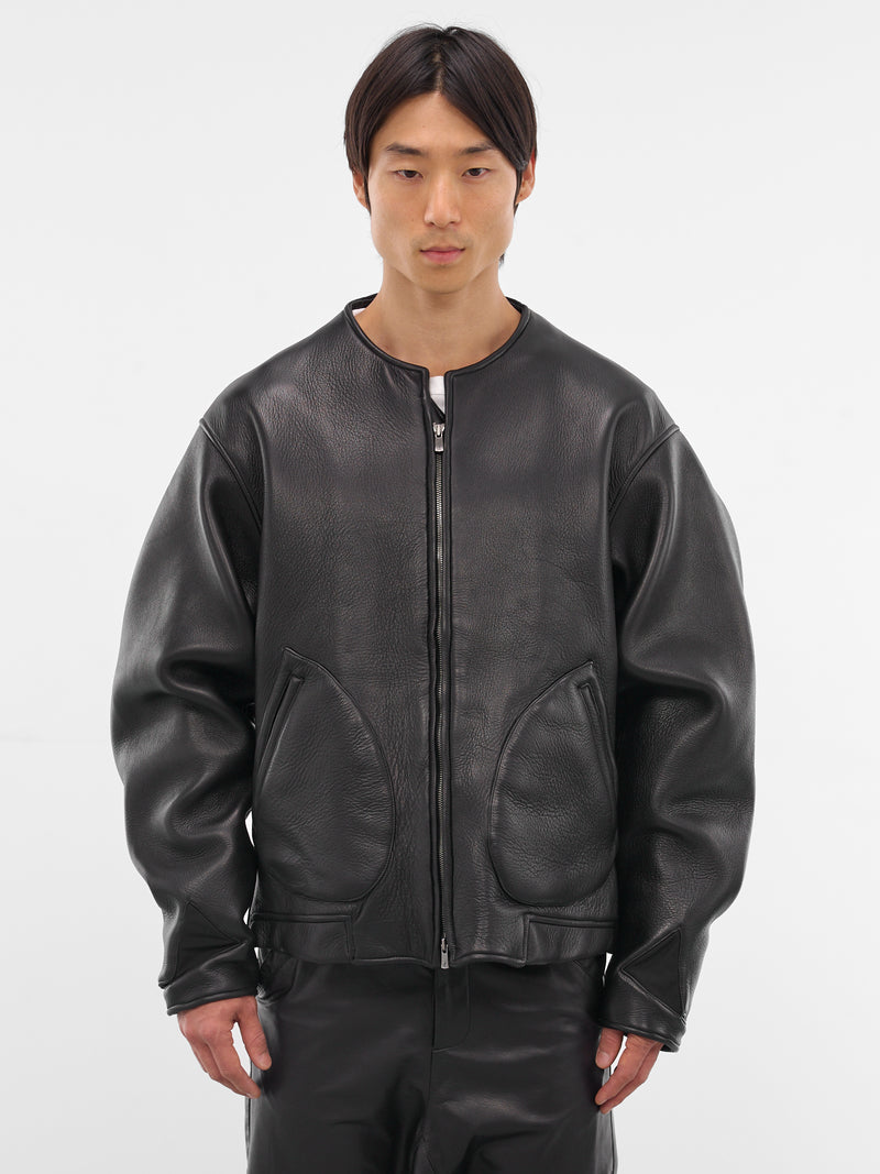Black Leather Collarless Flight Jacket (XJ17V2-01NL-BLACK-LUSTER)