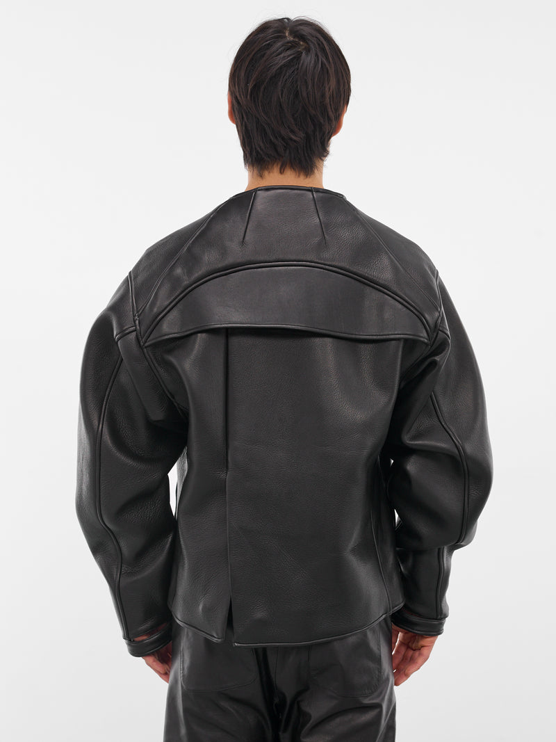 Black Leather Collarless Flight Jacket (XJ17V2-01NL-BLACK-LUSTER)