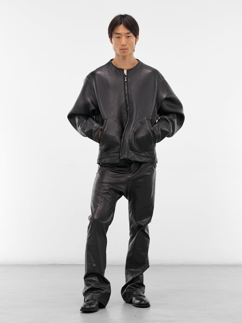 Black Leather Collarless Flight Jacket (XJ17V2-01NL-BLACK-LUSTER)