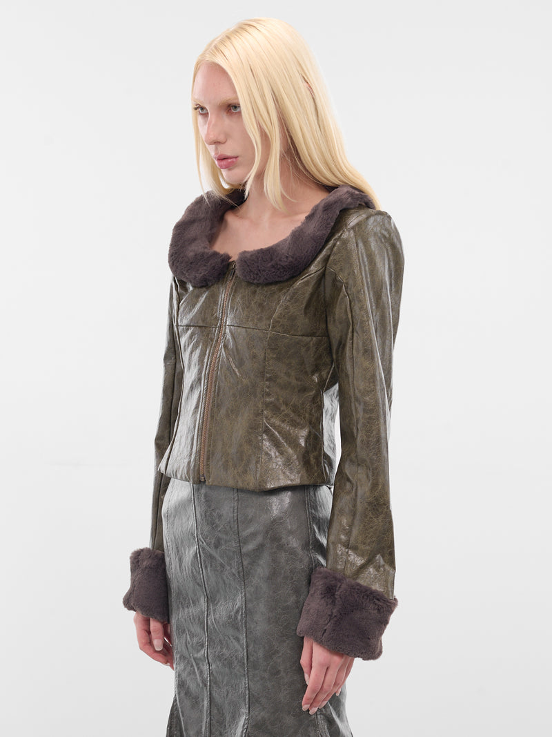 Brown Leather Shearling Trim Jacket (YR006OW0-POND-SCUM)