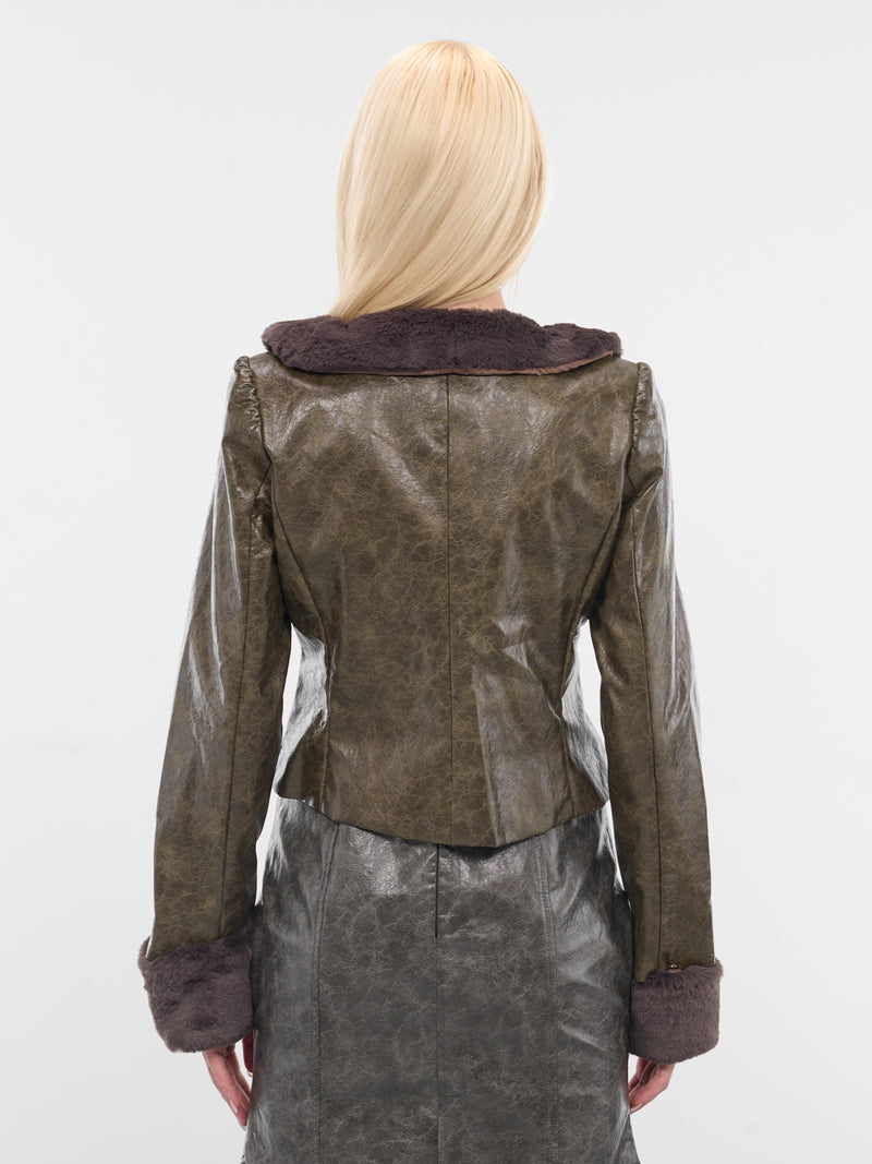 Brown Leather Shearling Trim Jacket (YR006OW0-POND-SCUM)