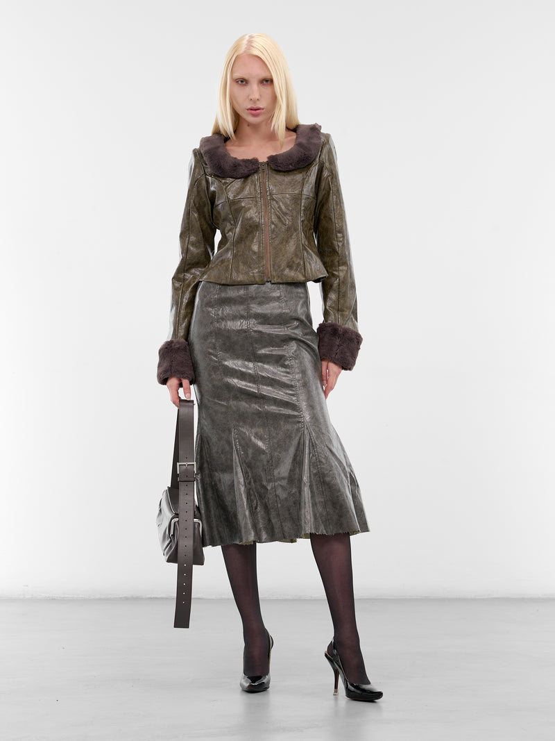 Brown Leather Shearling Trim Jacket (YR006OW0-POND-SCUM)