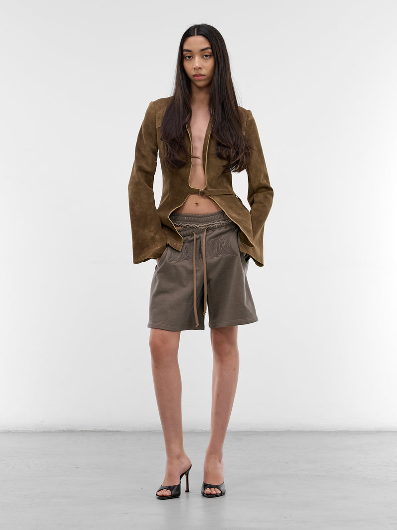 Brown Split Band Logo Sweatshorts (YR007TR06X-BARN-DUST)