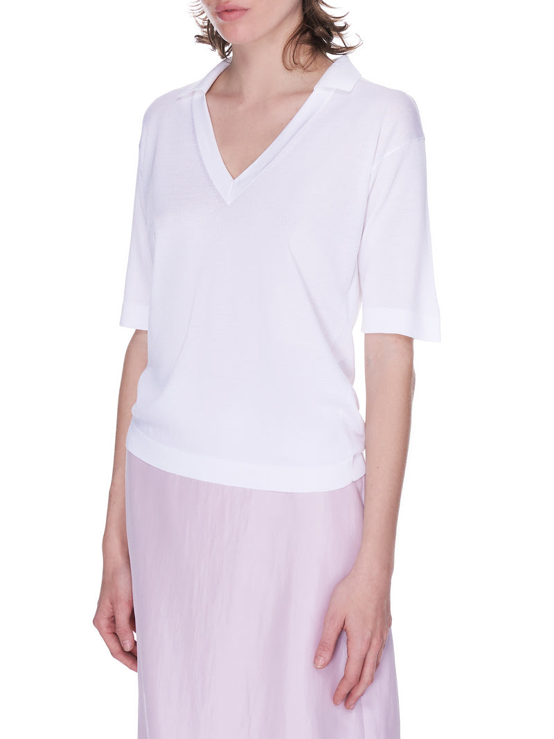 V-Neck Polo Top (21EMPU021ML0476-WHITE)