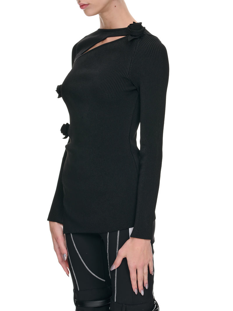 Asymmetric Rib Flower Top (COPML56603-BLACK)