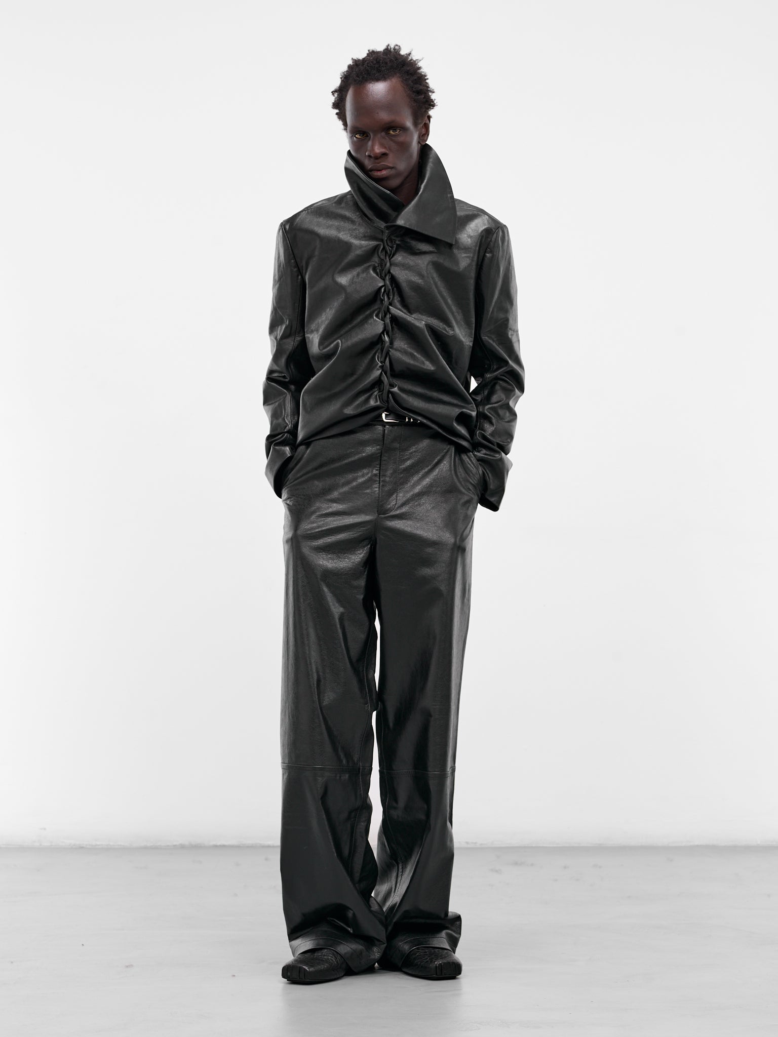 Black Leather Swing Pleated Jacket (003-15-BLACK)