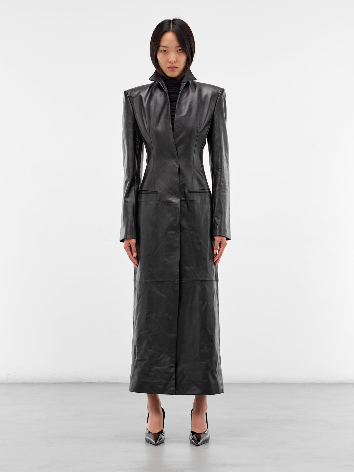 Black Leather Tailored Coat (003-T09-BLACK)