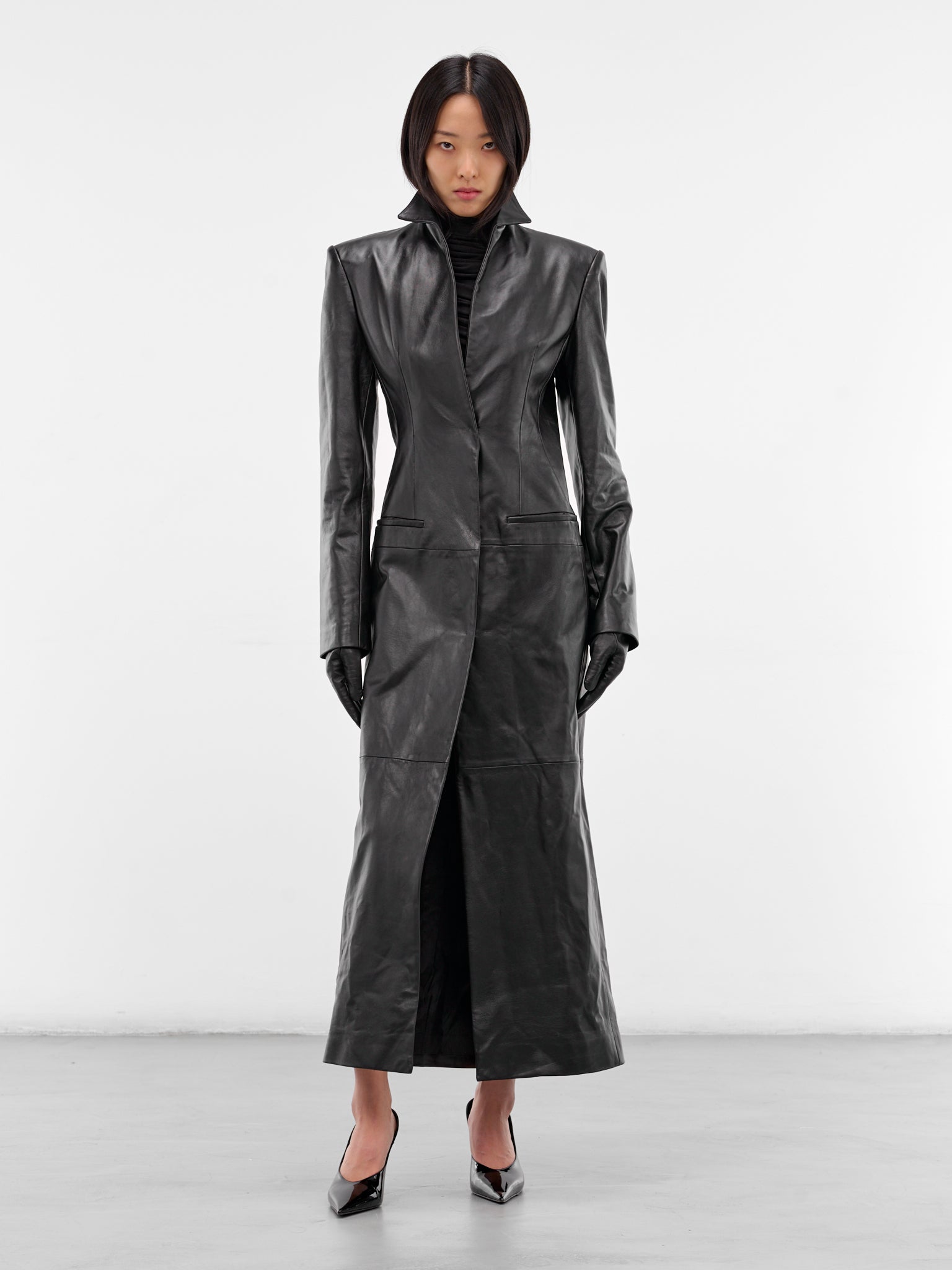 Black Leather Tailored Coat (003-T09-BLACK)