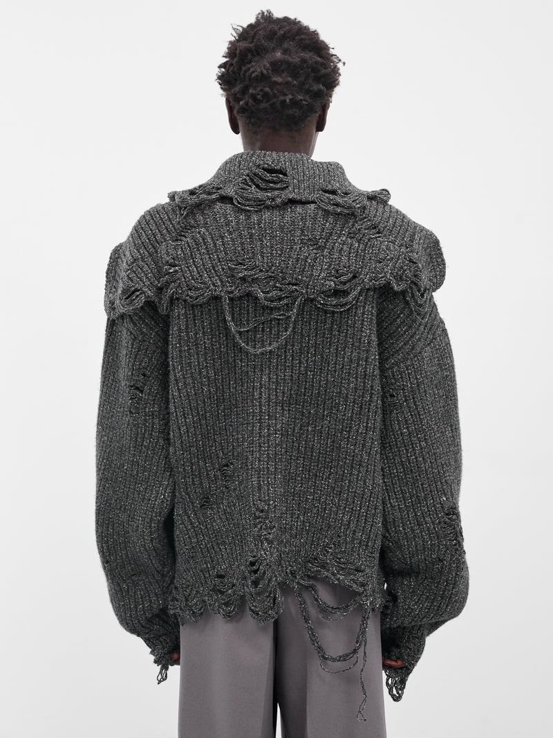 Distressed Scarf Polo Knit Sweater (004-02B-BLACK)