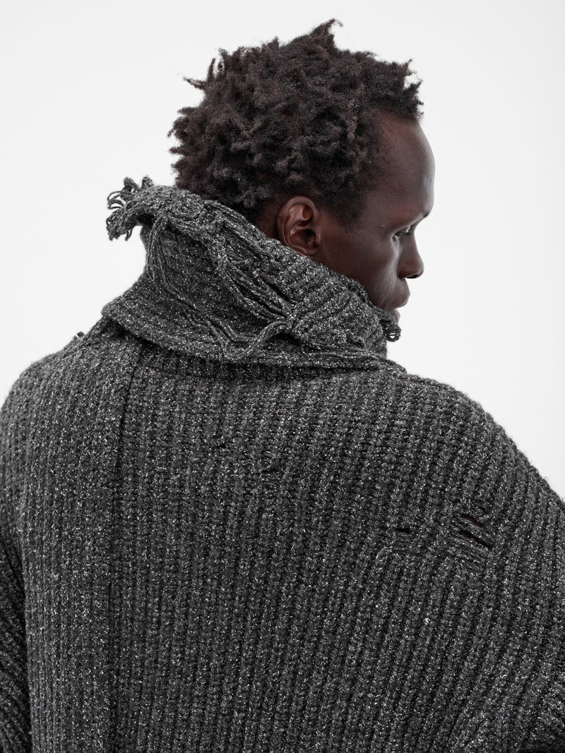 Distressed Scarf Polo Knit Sweater (004-02B-BLACK)