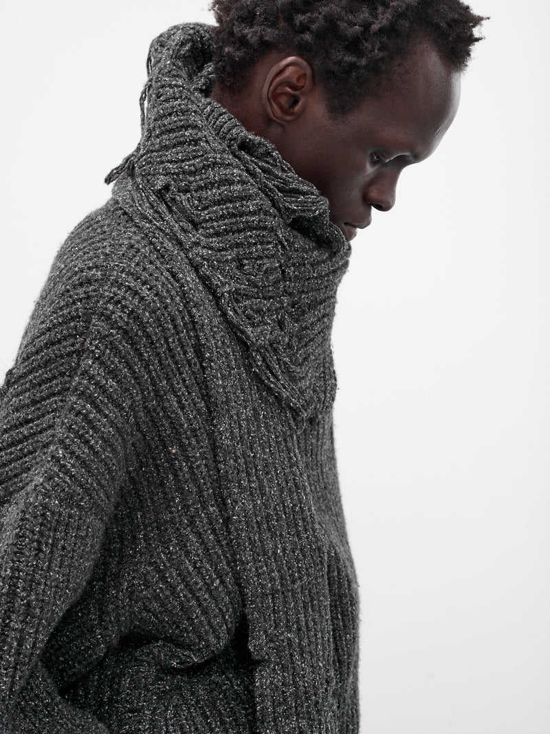 Distressed Scarf Polo Knit Sweater (004-02B-BLACK)