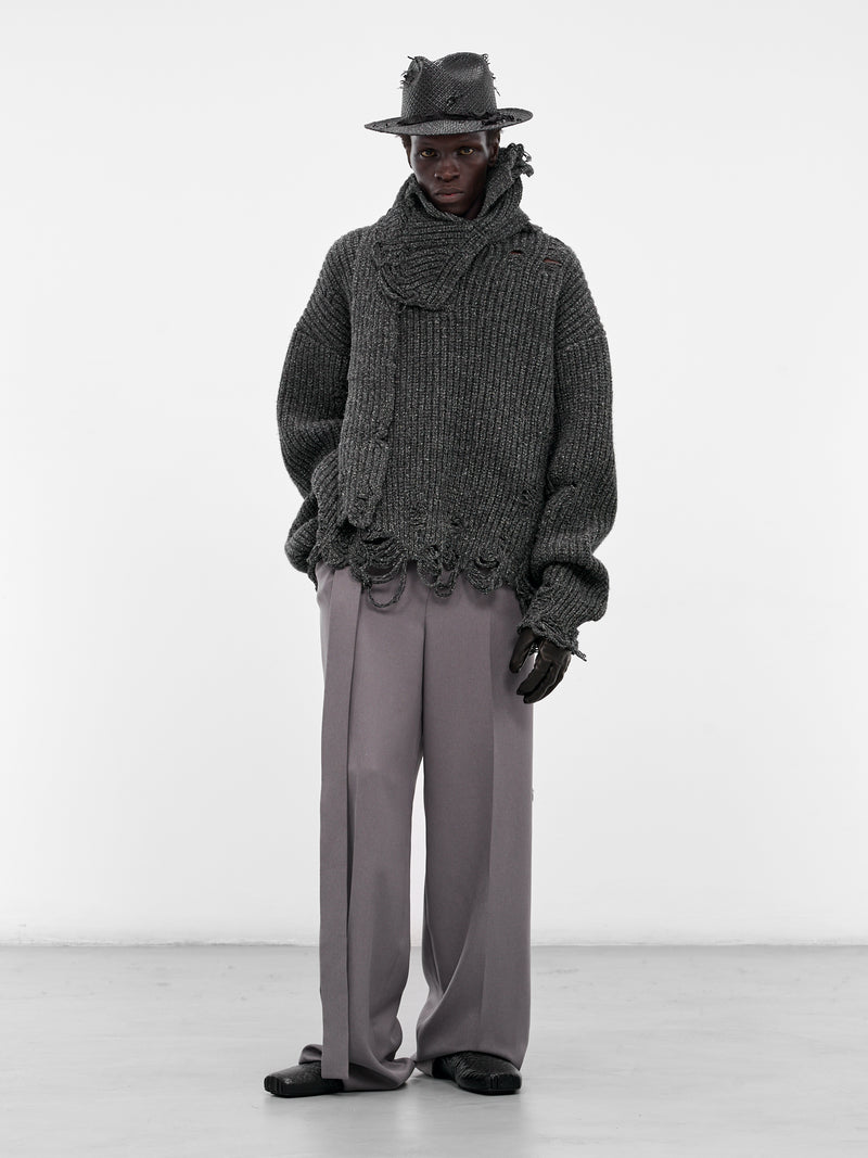 Distressed Scarf Polo Knit Sweater (004-02B-BLACK)