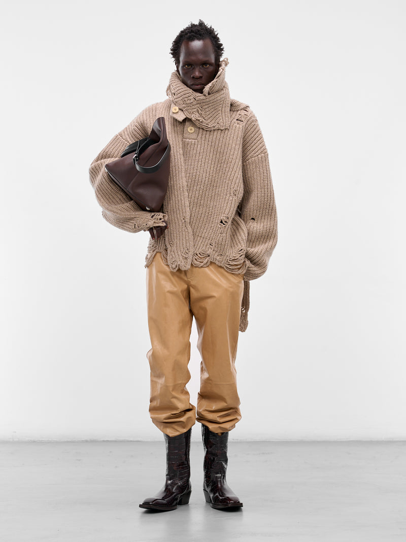 Distressed Scarf Polo Knit Sweater (004-02K-OATMEAL)