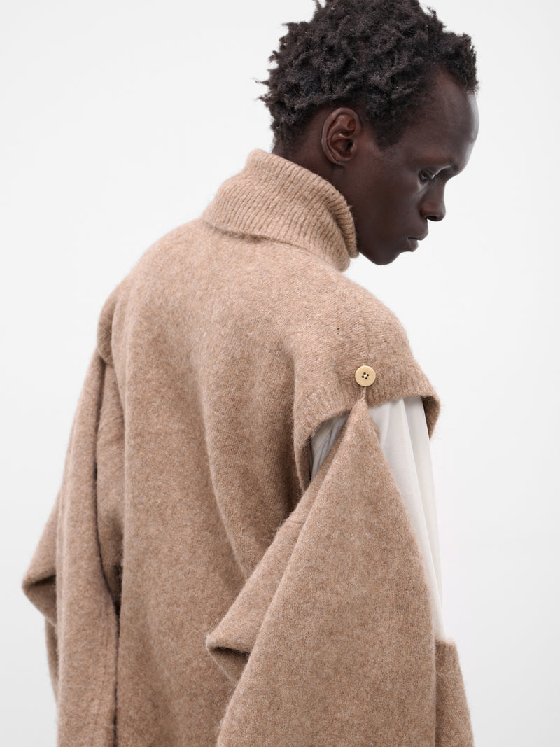 Beige Knit Scarf Sleeve Sweater (004-03C-CAMEL)