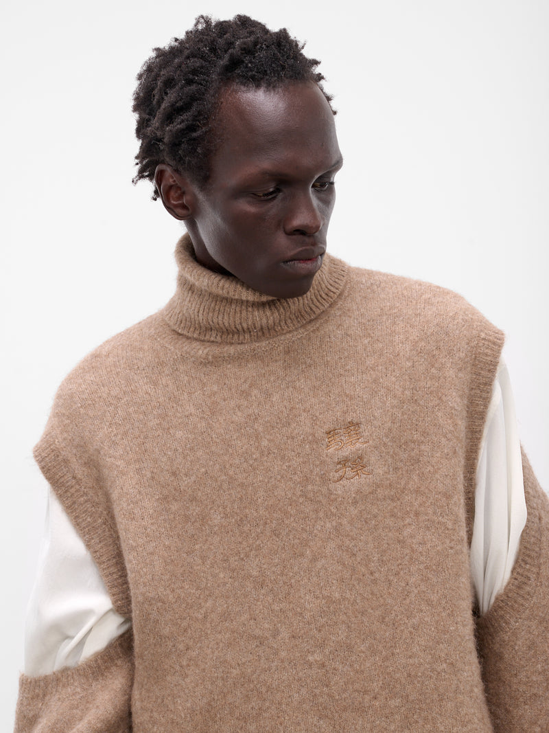 Beige Knit Scarf Sleeve Sweater (004-03C-CAMEL)