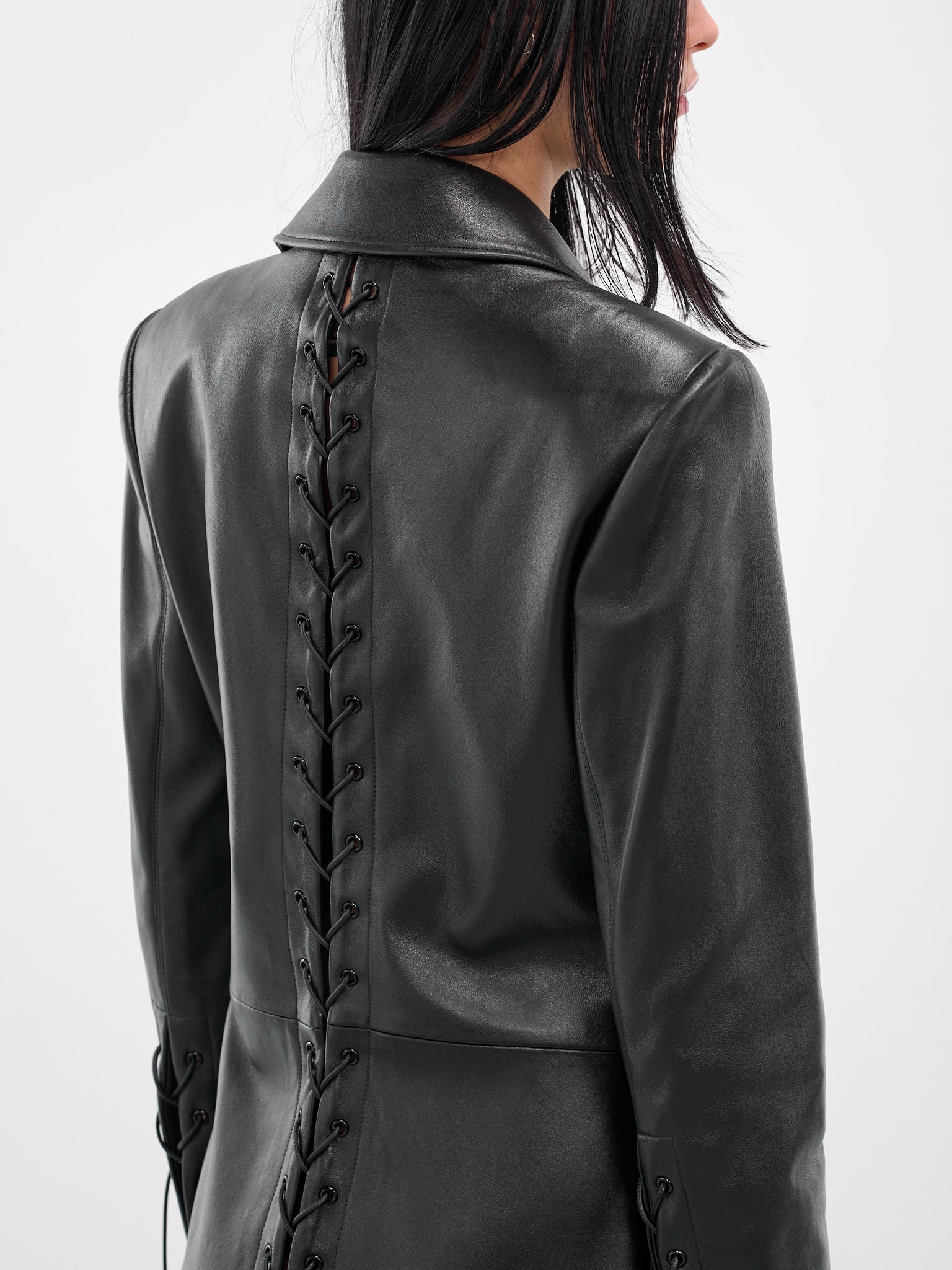 Black Leather Lace-Up Coat (#004049-L10-BK-BLACK)