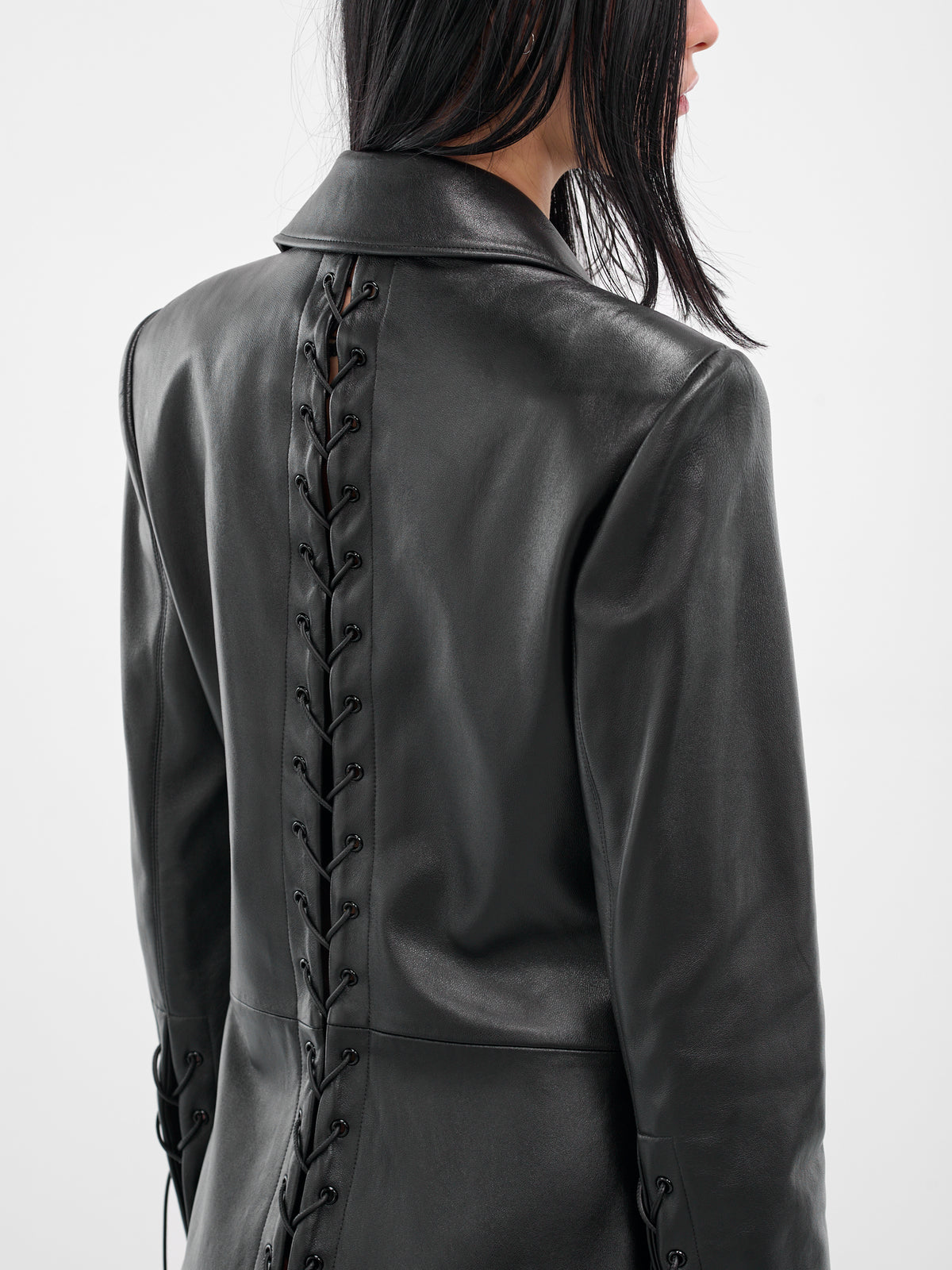 Black Leather Lace-Up Coat (#004049-L10-BK-BLACK)