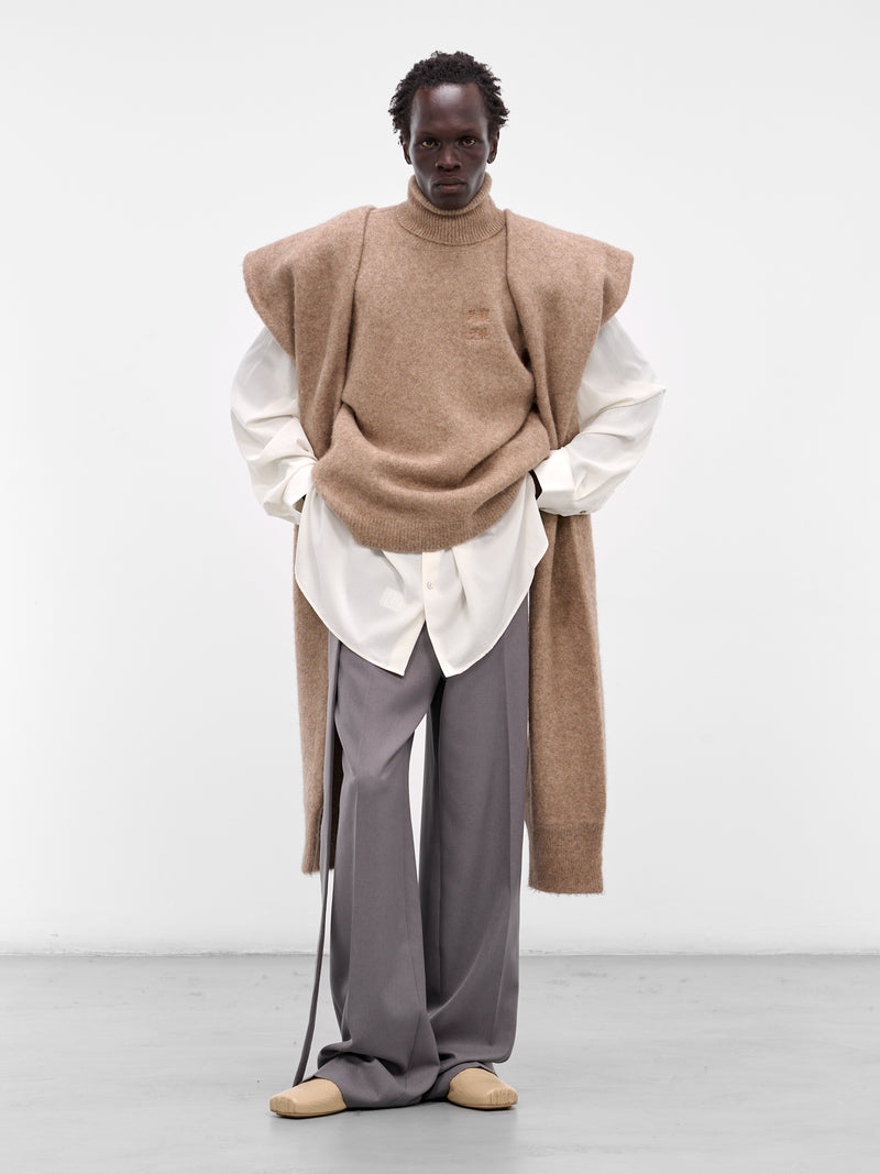 Beige Knit Scarf Sleeve Sweater (004-03C-CAMEL)