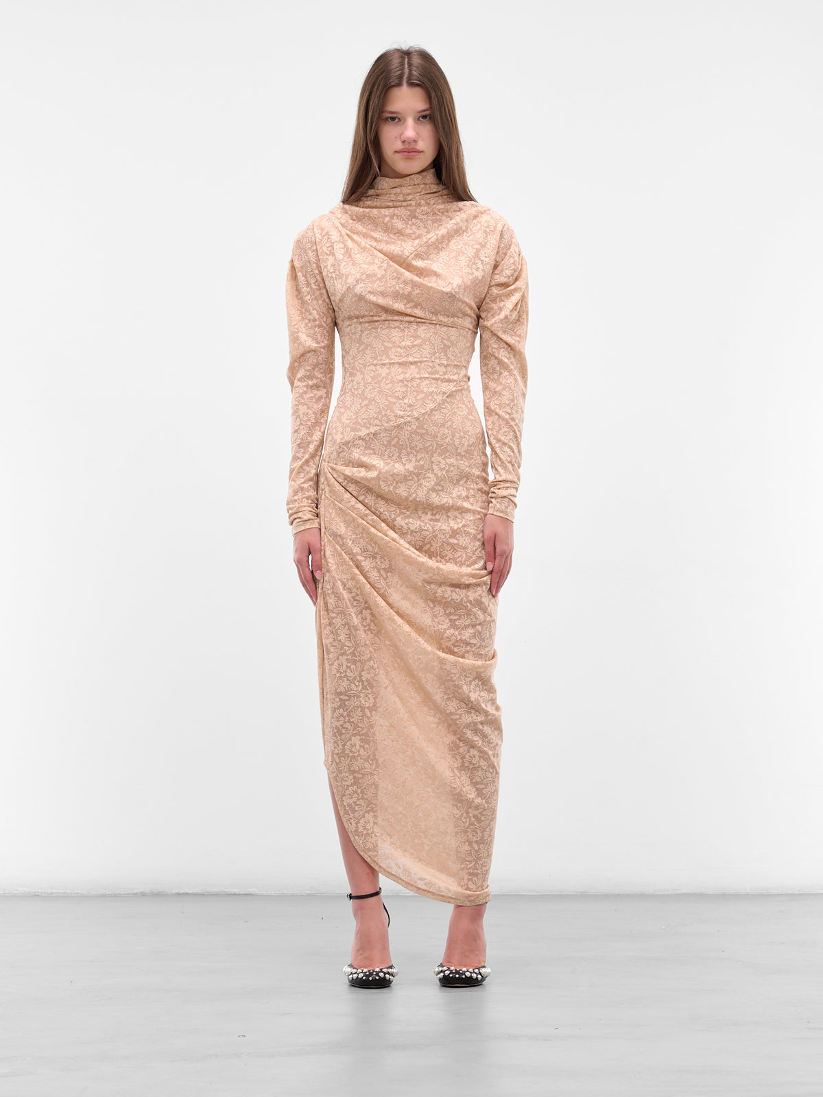 Beige Floral Draped Maxi Dress (00D19-NUDE)