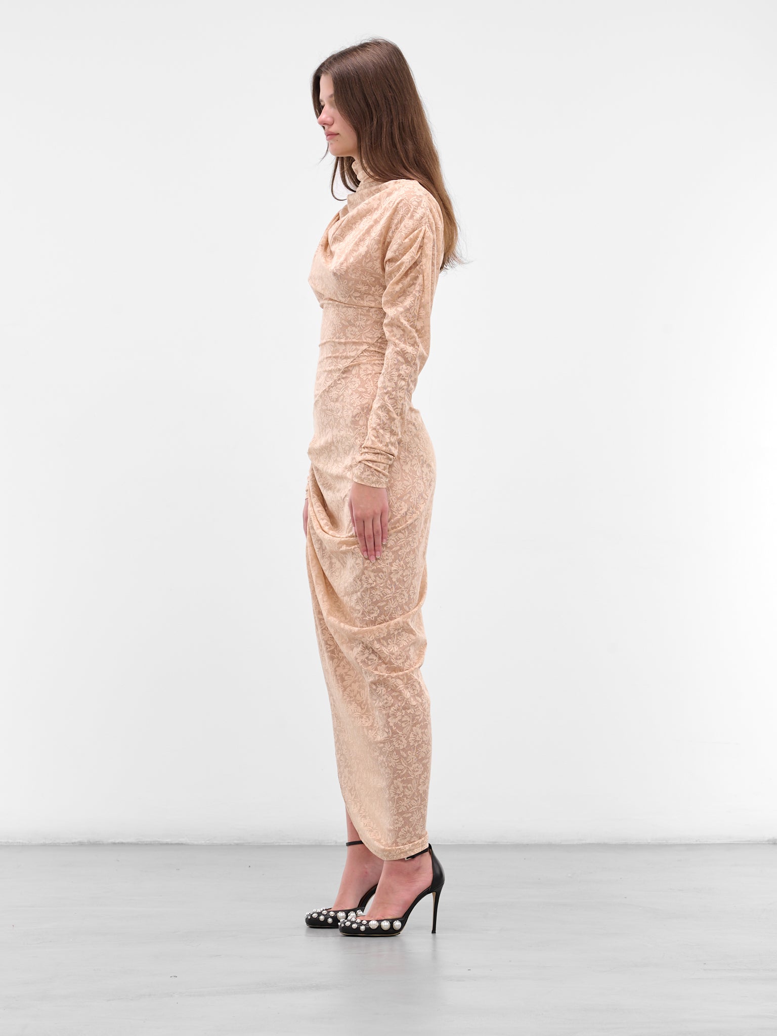 Beige Floral Draped Maxi Dress (00D19-NUDE)