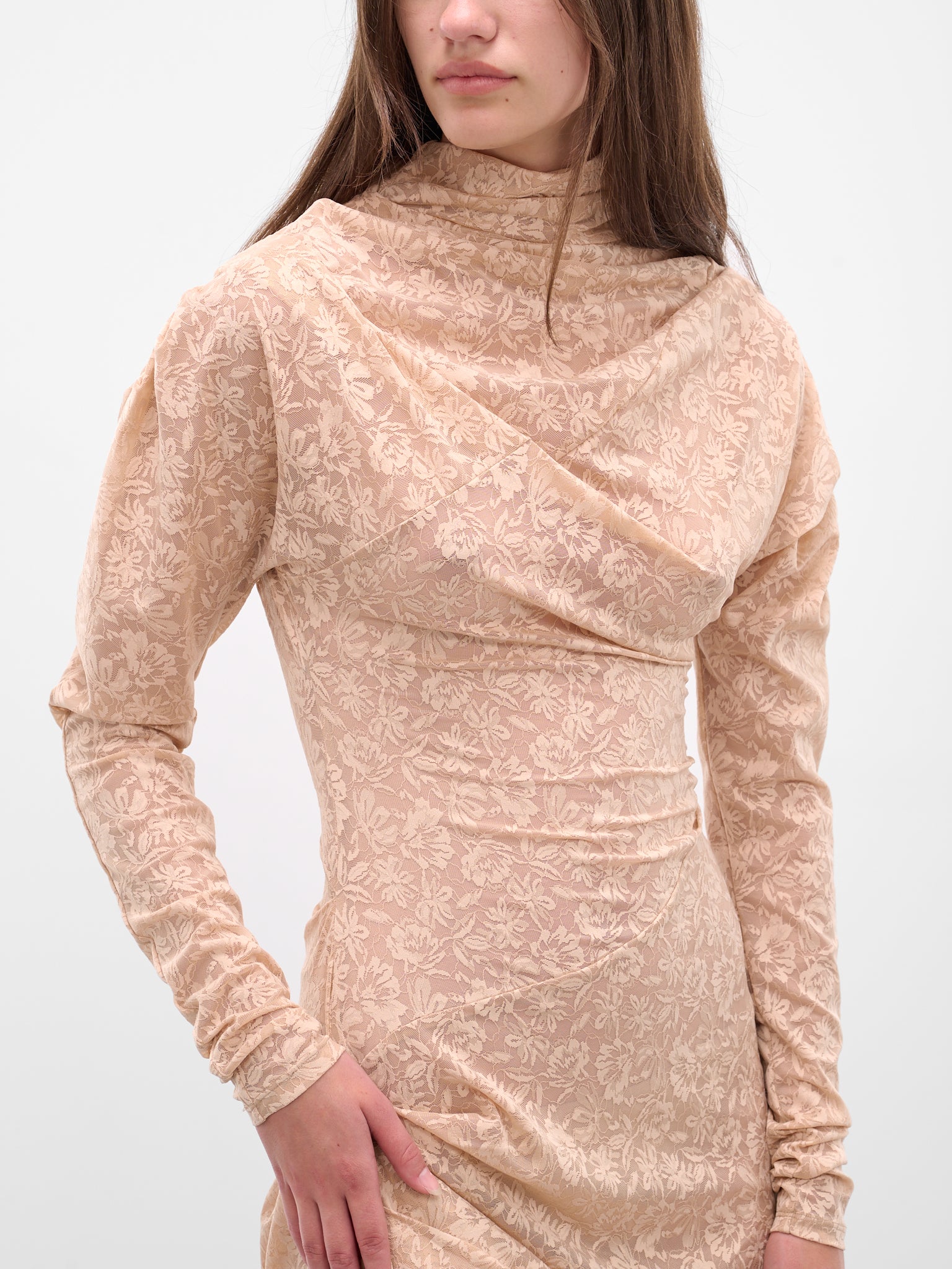 Beige Floral Draped Maxi Dress (00D19-NUDE)