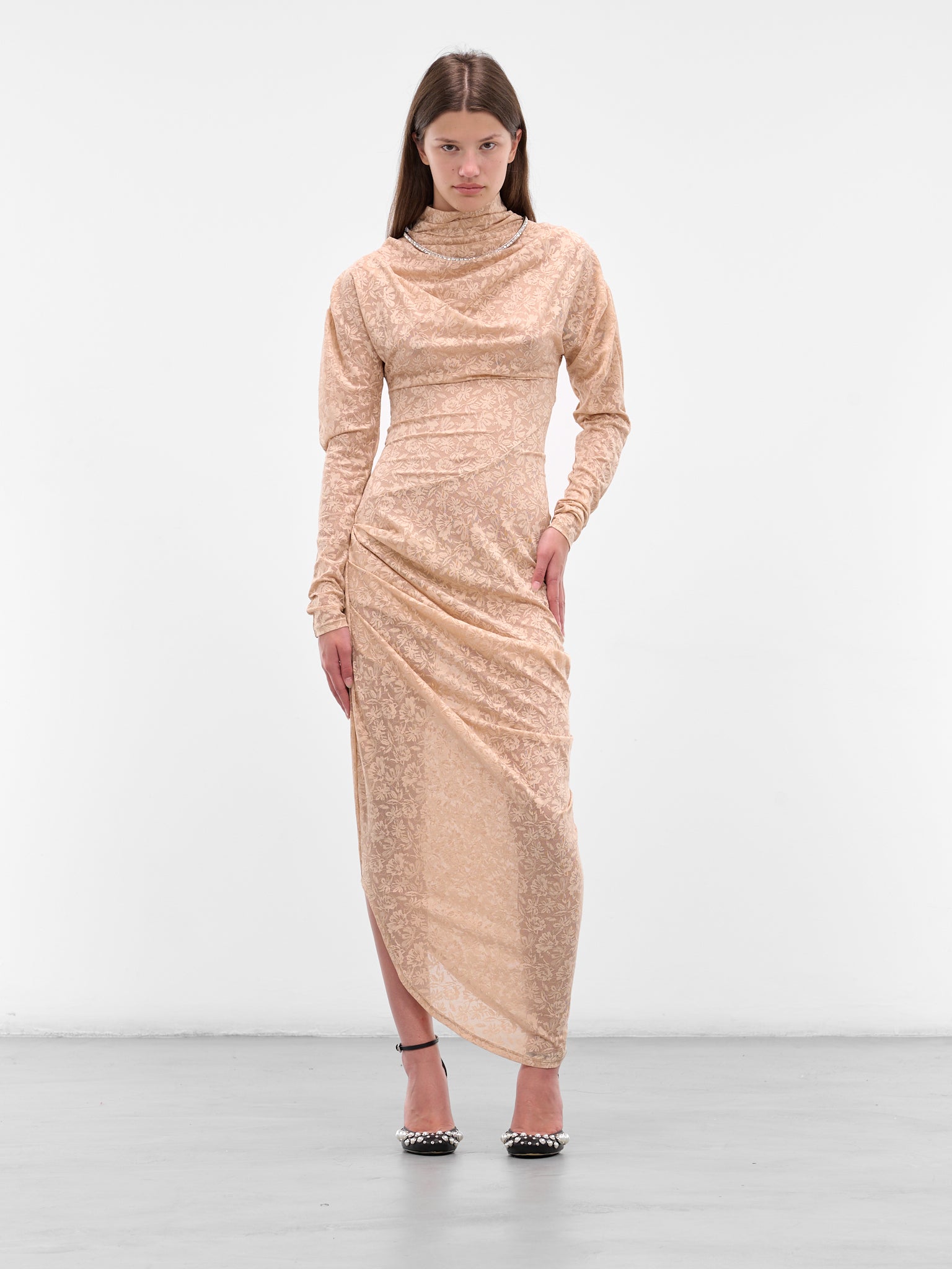 Beige Floral Draped Maxi Dress (00D19-NUDE)