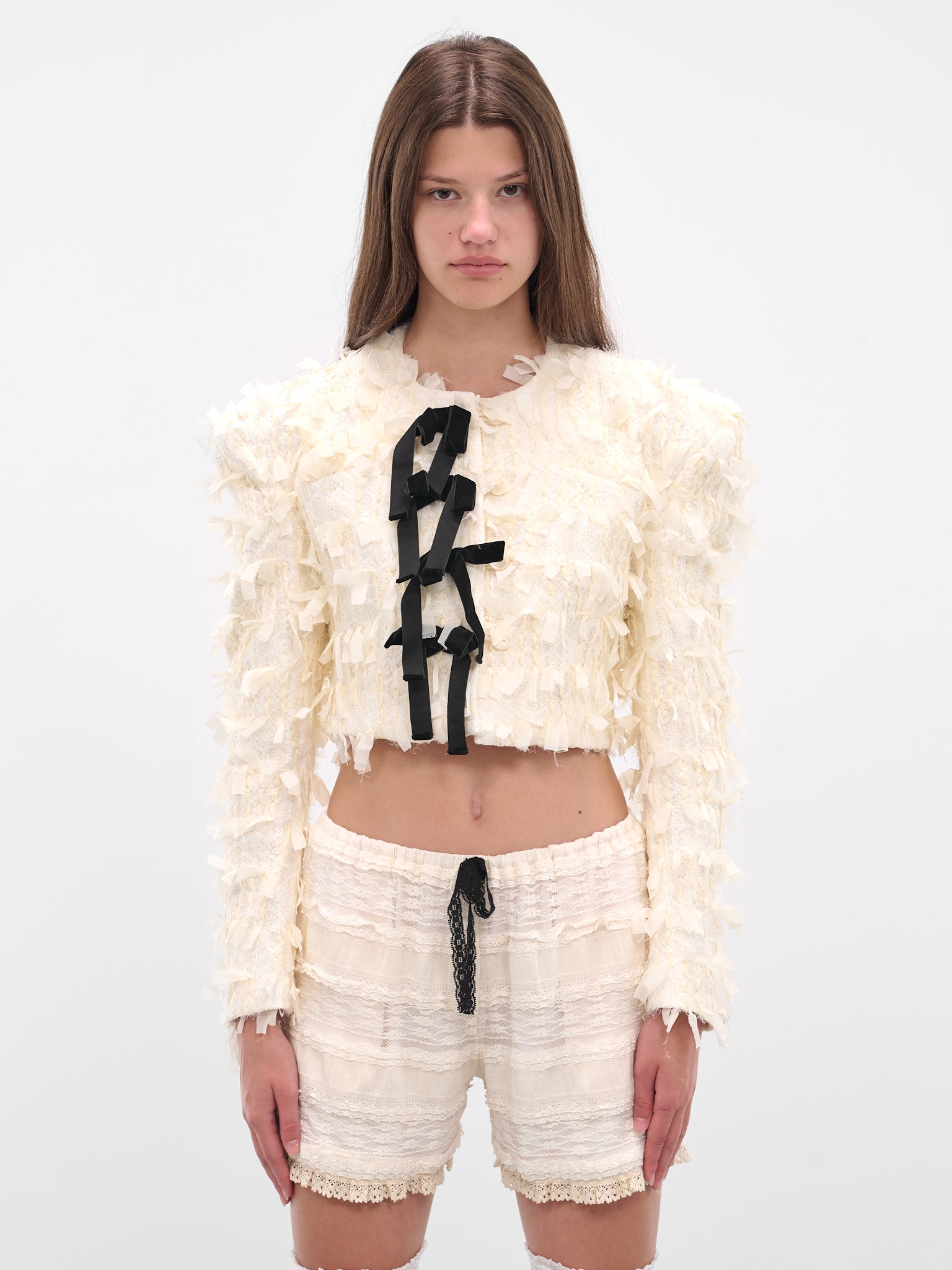 White Bow Tweed Cropped Jacket 00JK05-IVORY