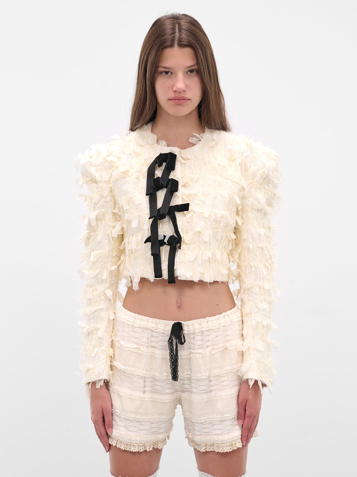 White Bow Tweed Cropped Jacket 00JK05-IVORY