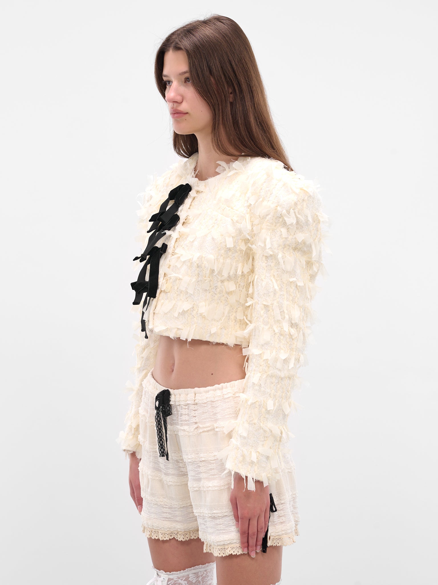 White Bow Tweed Cropped Jacket 00JK05-IVORY