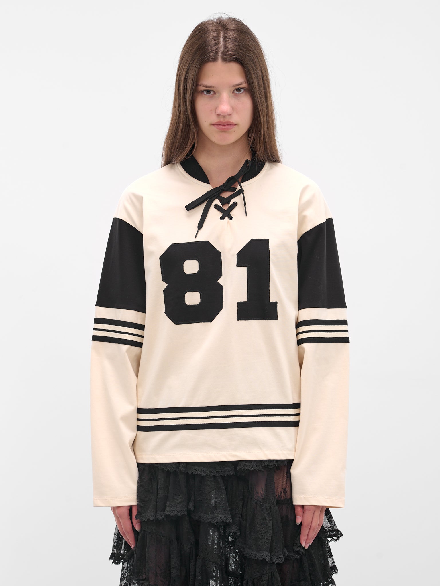 White Laced Stripe Hockey Top (00T14-BLACK-IVORY)