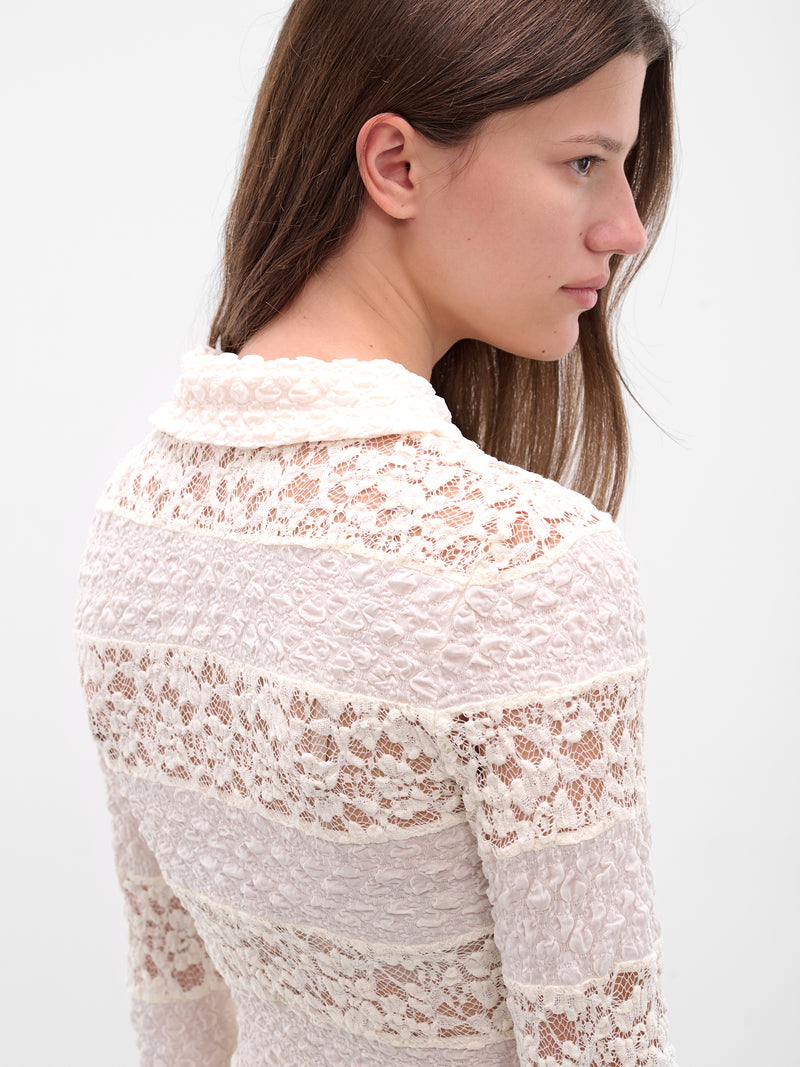 White Striped Lace Polo Top (00T05W-IVORY)