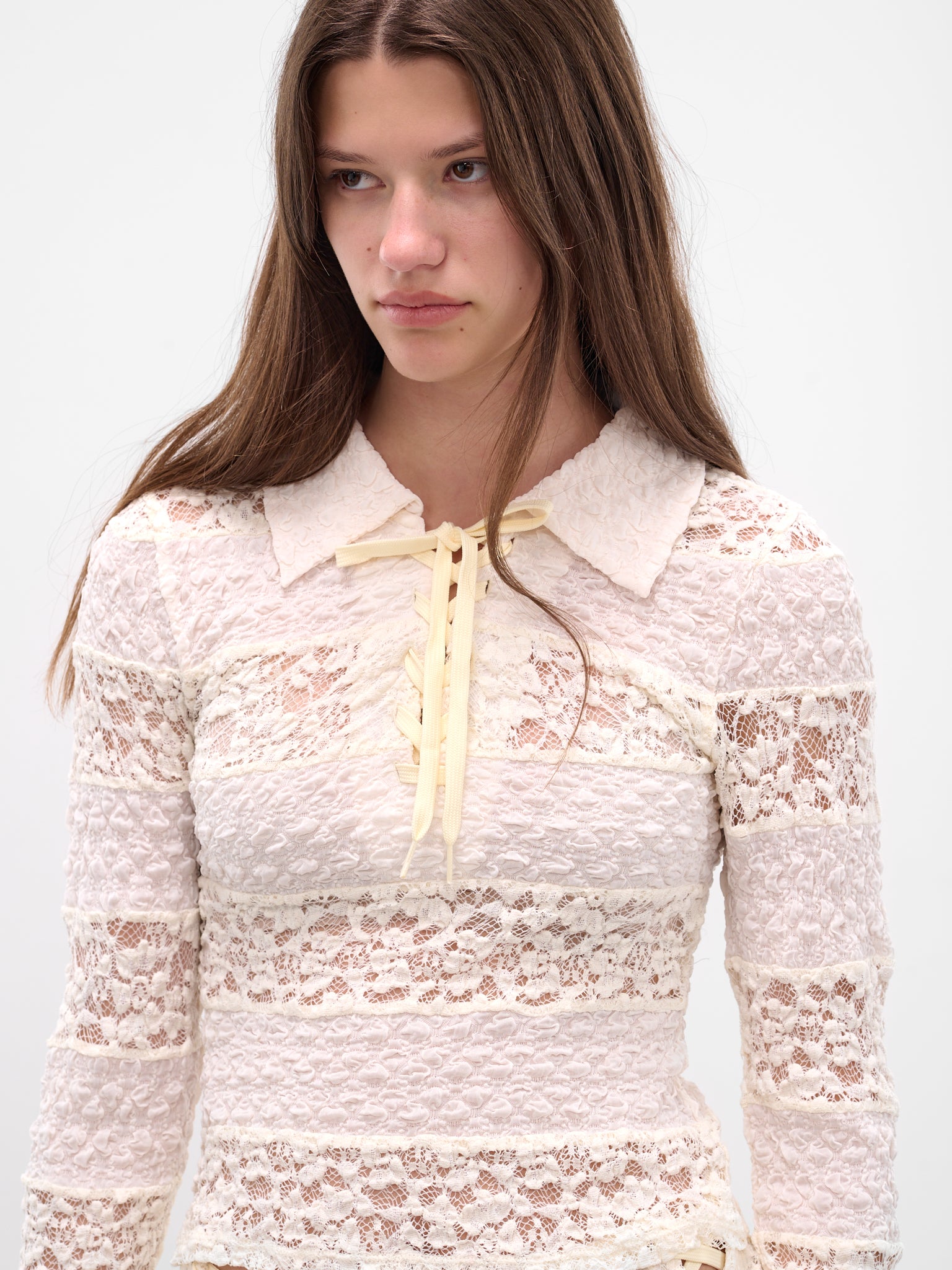 White Striped Lace Polo Top (00T05W-IVORY)