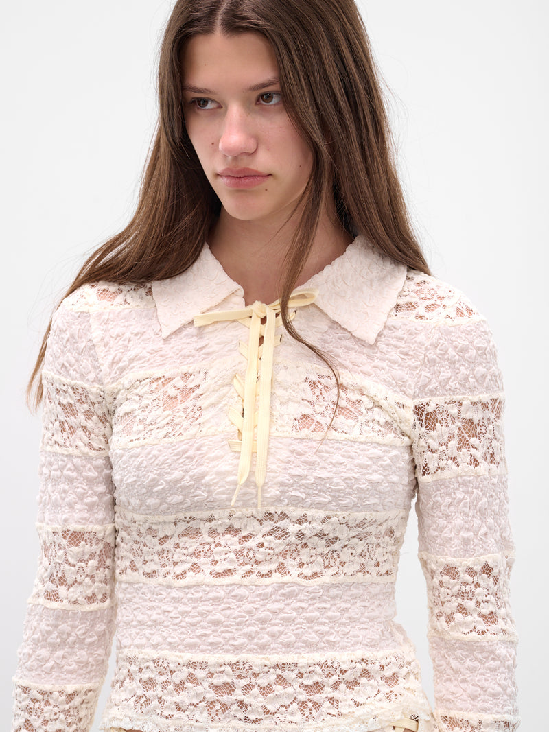 White Striped Lace Polo Top (00T05W-IVORY)