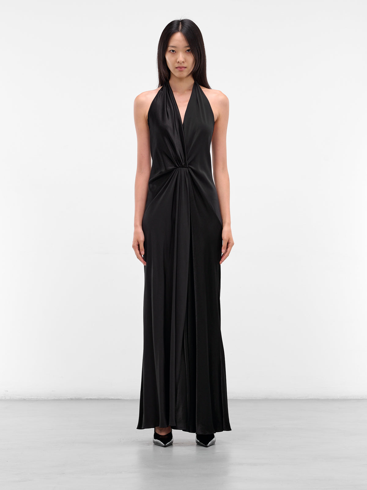 Black Silk Draped Halter Dress (02-BLACK)