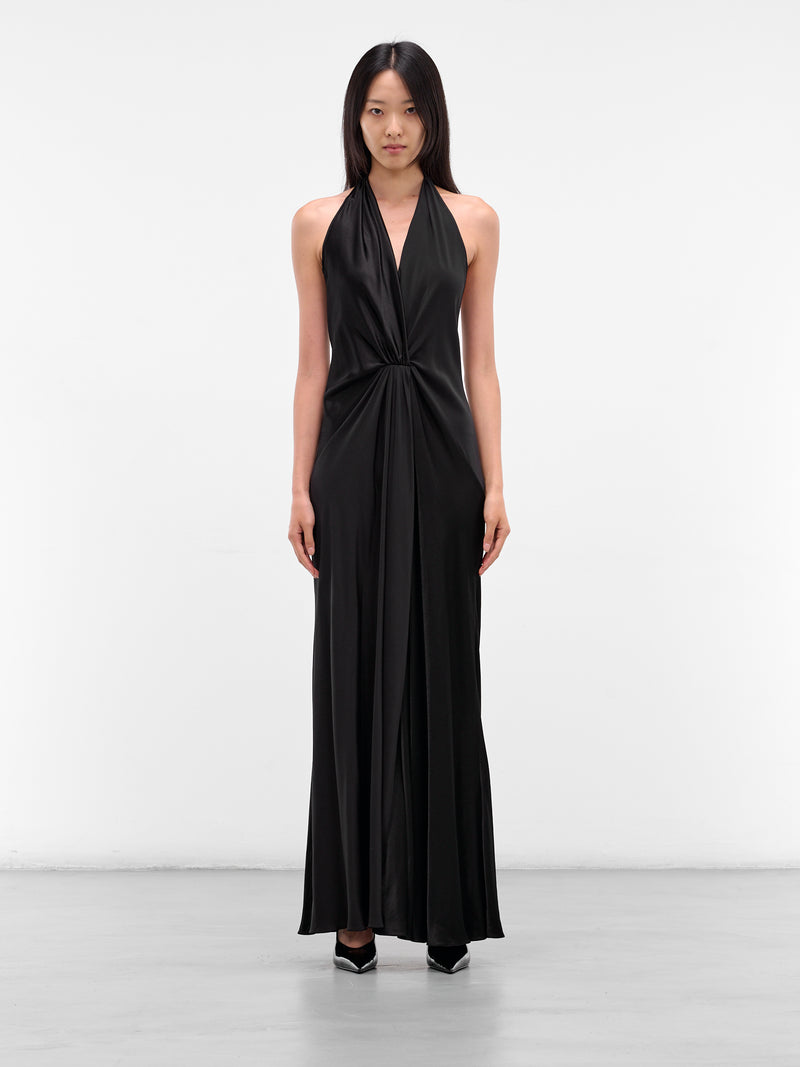 Black Silk Draped Halter Dress (02-BLACK)
