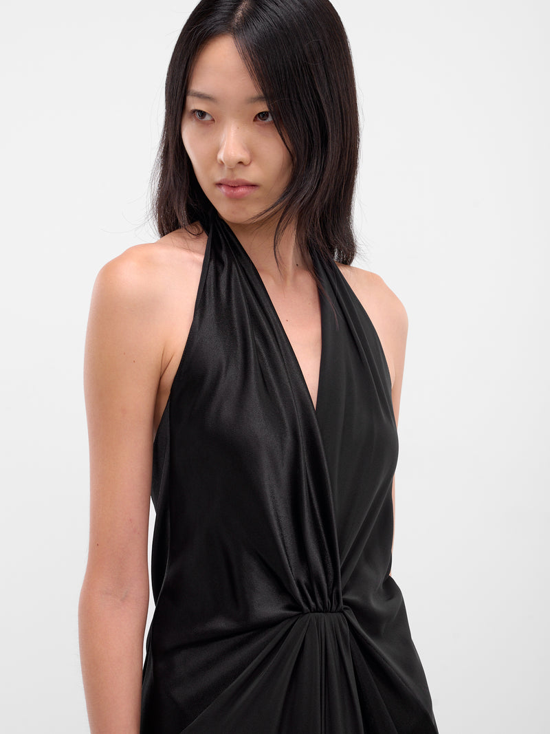 Black Silk Draped Halter Dress (02-BLACK)