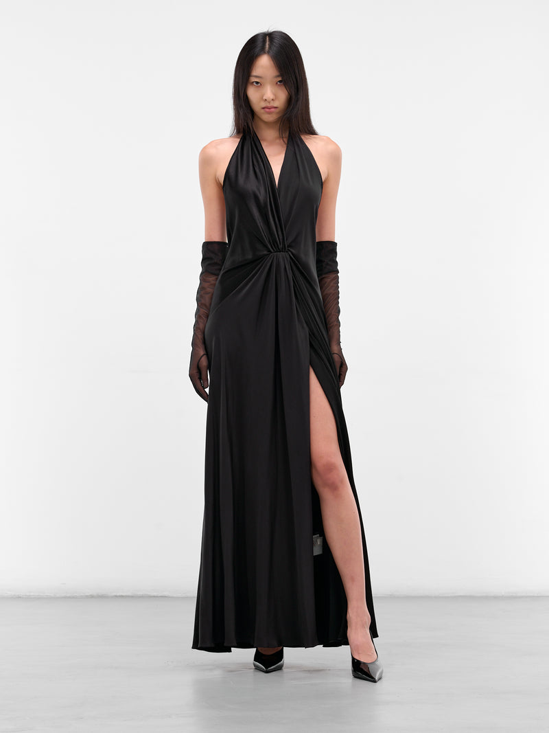 Black Silk Draped Halter Dress (02-BLACK)