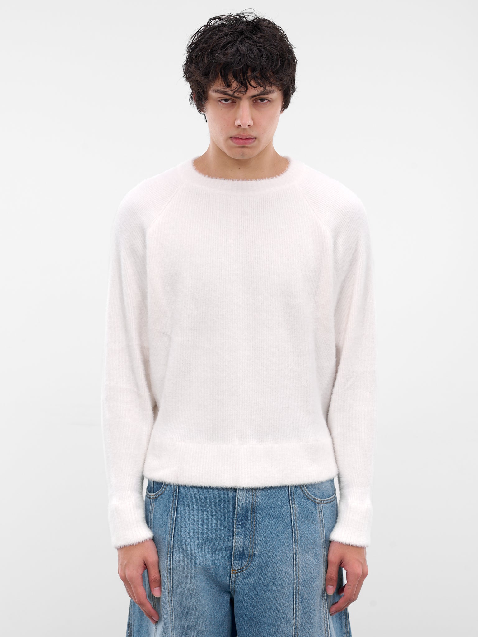 White Nylon Knit Crewneck Sweater (0416-K009-345-BONE)