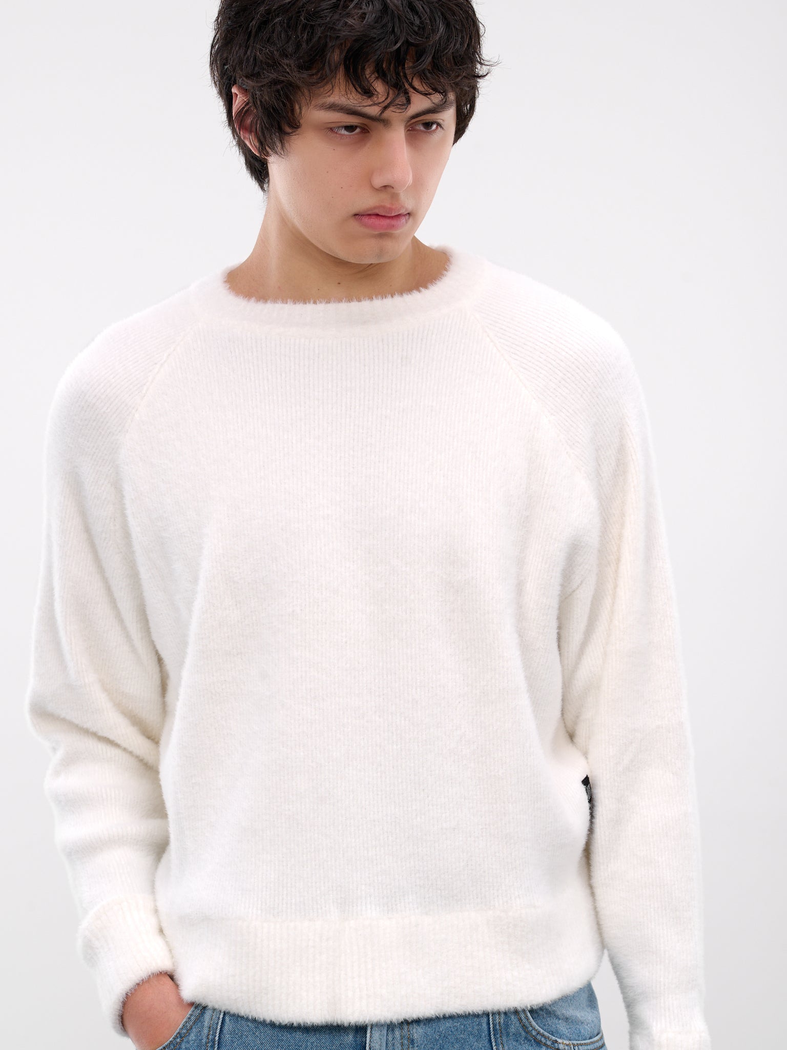 White Nylon Knit Crewneck Sweater (0416-K009-345-BONE)